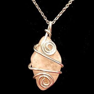 OOAK Handmade wire wrap rose quartz healing gemstone pendant 20” SS chain